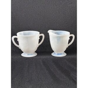MacBeth Evans Monax American Sweetheart Creamer Sugar Set Blue White Glass 1930s